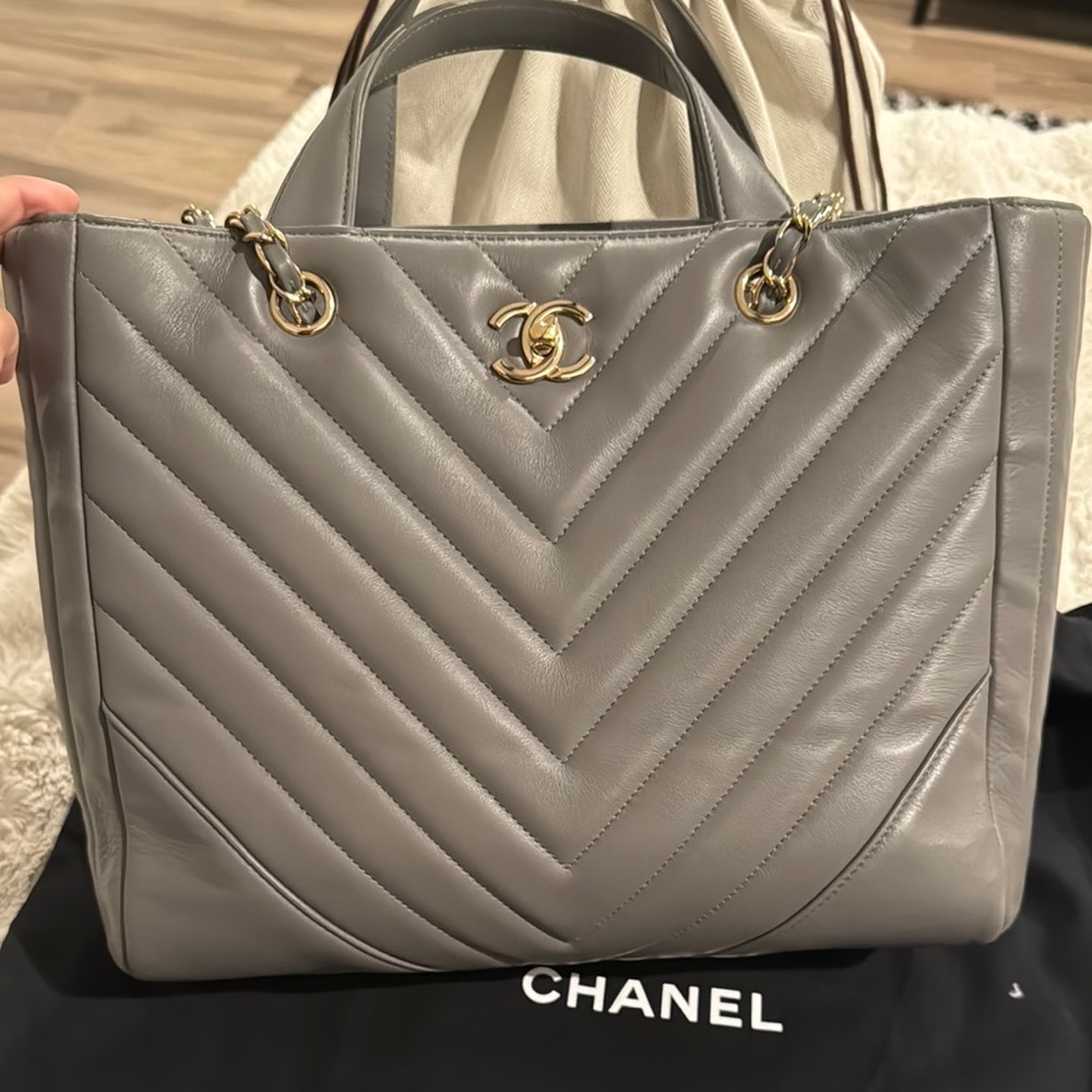 Chanel gray lamb skin shopping bag